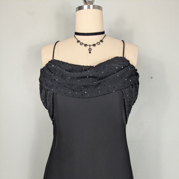 Vintage Nites Prom Dress Maxi Gown 16 Black 90s Y2K Goth Glam Bead Ruffle Cowl